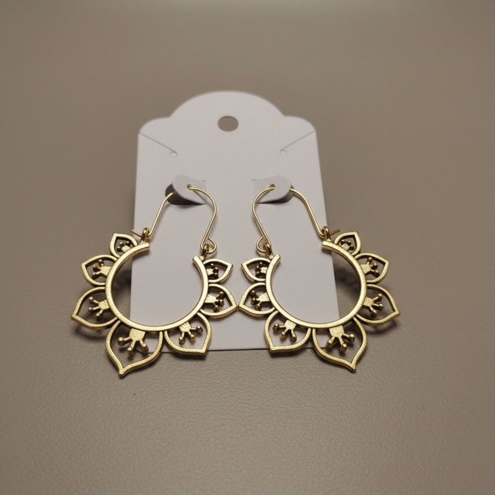 Gold Boho Mandala Hoop Earrings Intricate Floral Cutout Geometric Dangle
